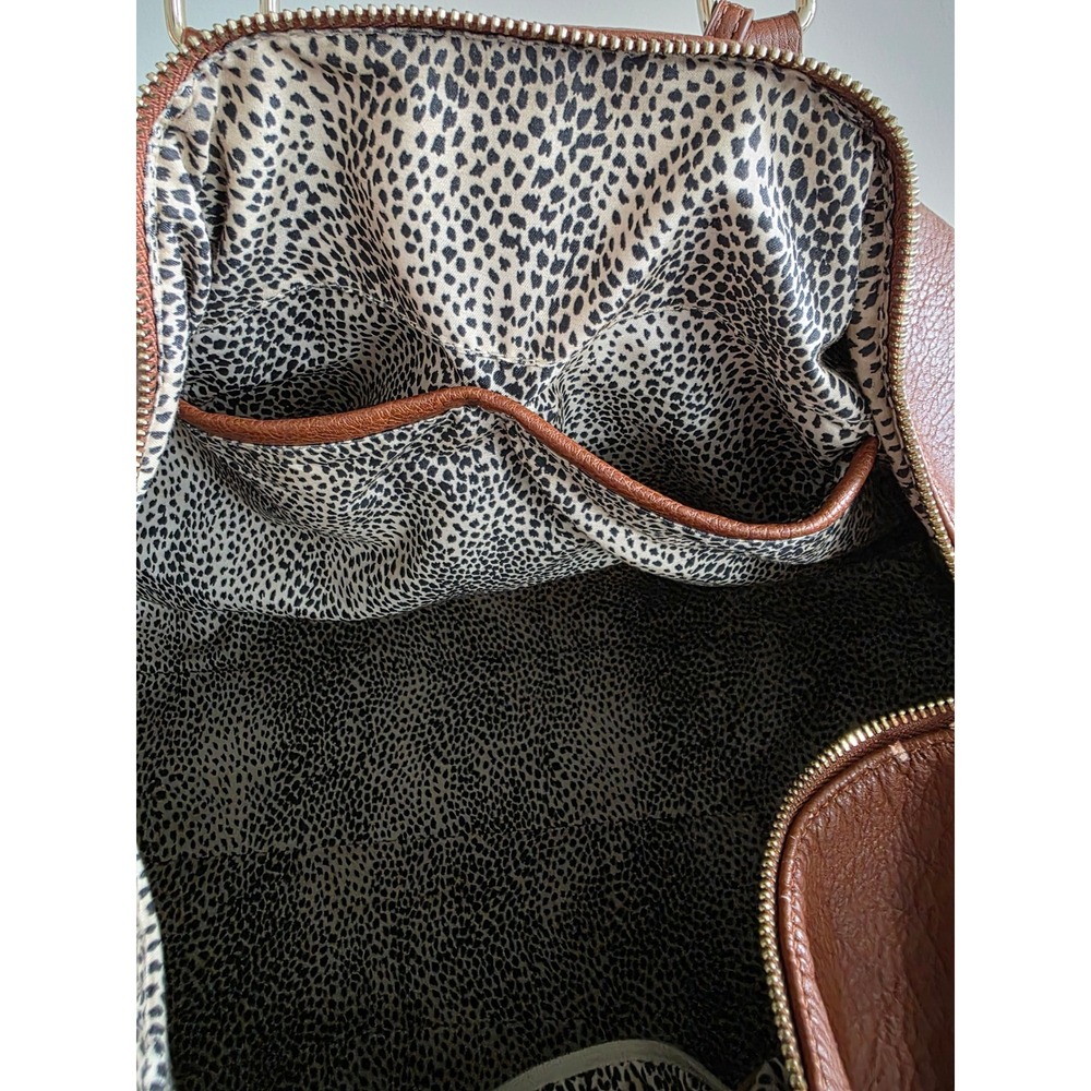 Sole Society Cassi Cognac Brown Vegan Leather Weekender Duffel Bag Leopard Lined - Picture 6 of 13